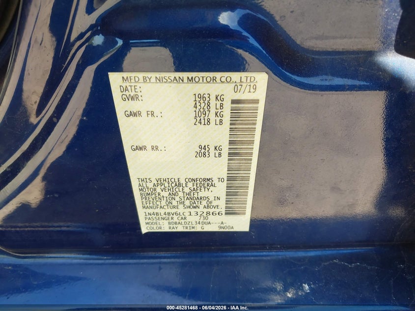 2020 Nissan Altima S Fwd VIN: 1N4BL4BV6LC132866 Lot: 45281468