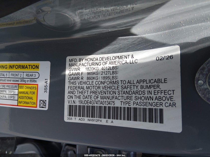 2026 Acura Integra Fwd A-Spec With Technology VIN: 19UDE4G74TA013475 Lot: 45281478