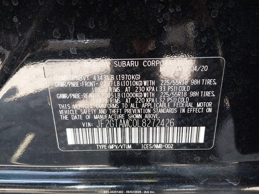 2020 Subaru Crosstrek Limited VIN: JF2GTAMC0L8272426 Lot: 45281482