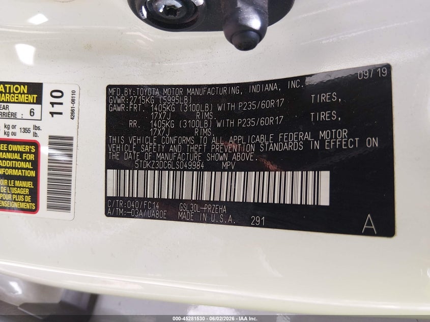 2020 Toyota Sienna Le VIN: 5TDKZ3DC6LS049984 Lot: 45281530