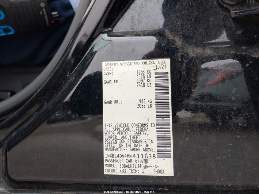 2021 Nissan Altima Sv Fwd VIN: 1N4BL4DV4MN411638 Lot: 45281538