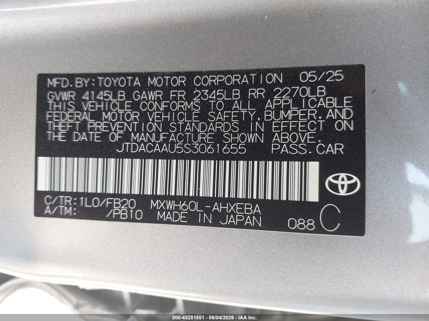 2025 Toyota Prius Le VIN: JTDACAAU5S3061655 Lot: 45281551