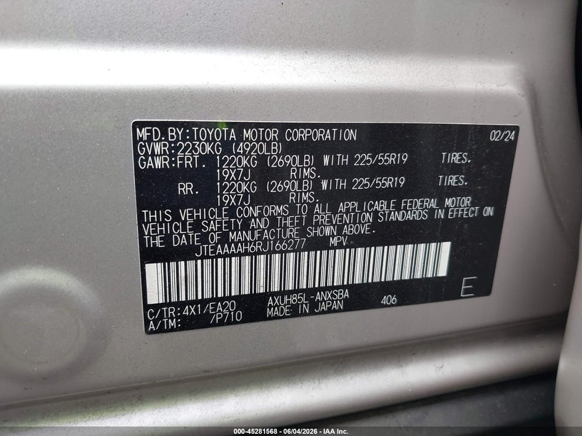 2024 Toyota Venza Limited VIN: JTEAAAAH6RJ166277 Lot: 45281568