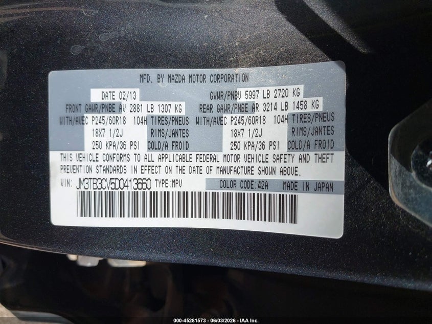 2013 Mazda Cx-9 Touring VIN: JM3TB3CV5D0413660 Lot: 45281573