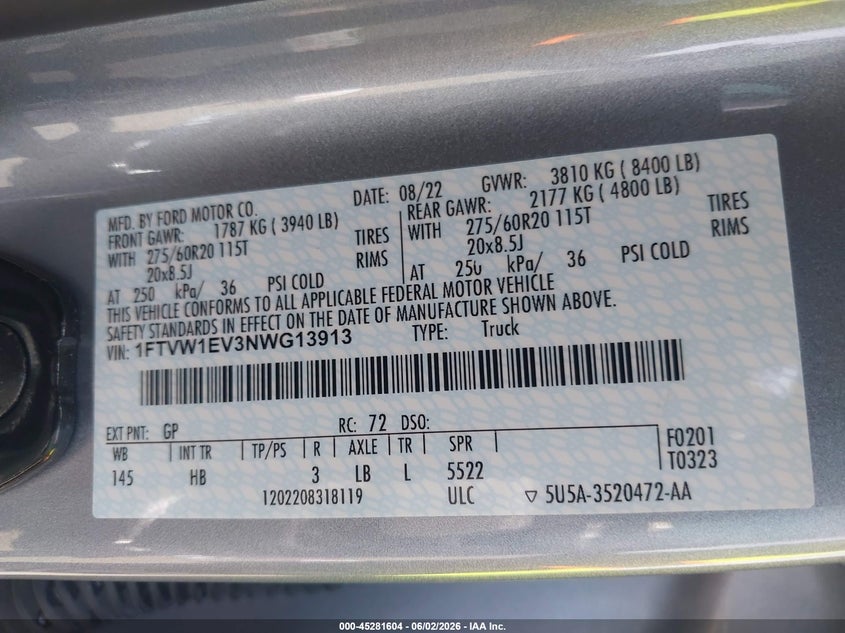 2022 Ford F-150 Lightning Lariat VIN: 1FTVW1EV3NWG13913 Lot: 45281604