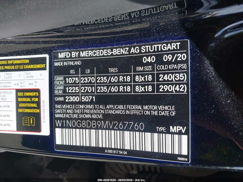 2021 Mercedes-Benz Glc 300 Suv VIN: W1N0G8DB9MV267760 Lot: 45281626