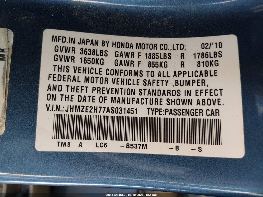 2010 Honda Insight Ex VIN: JHMZE2H77AS031451 Lot: 45281650