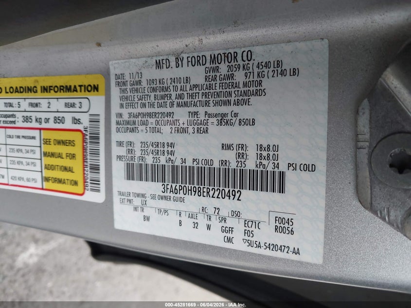 2014 FORD FUSION SEDAN 2.0L I-4 DI, DOHC, VVT, TURBO, 231HP