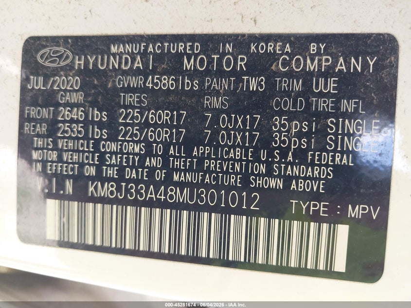 2021 Hyundai Tucson Value VIN: KM8J33A48MU301012 Lot: 45281674