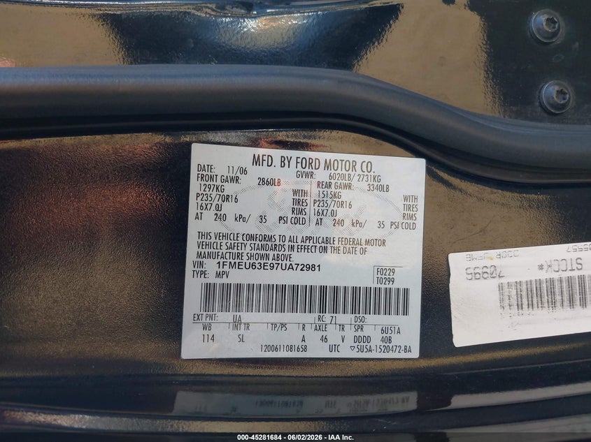 2007 Ford Explorer Xlt VIN: 1FMEU63E97UA72981 Lot: 45281684
