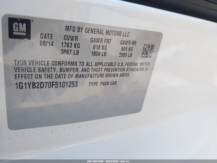 2015 Chevrolet Corvette Stingray VIN: 1G1YB2D70F5101253 Lot: 45281696
