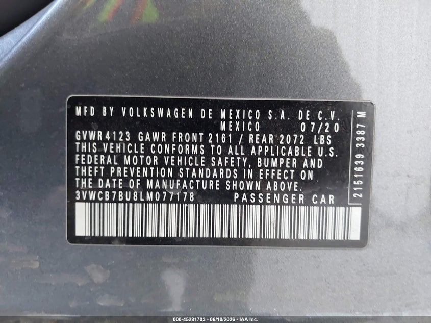 2020 Volkswagen Jetta 1.4T R-Line/1.4T S/1.4T Se VIN: 3VWCB7BU8LM077178 Lot: 45281703