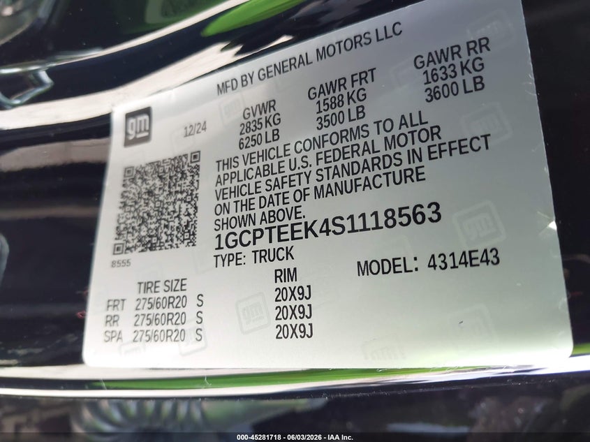 2025 Chevrolet Colorado 4Wd Trail Boss VIN: 1GCPTEEK4S1118563 Lot: 45281718