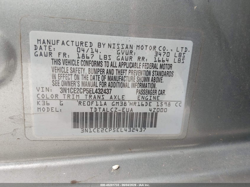 2014 Nissan Versa Note S Plus VIN: 3N1CE2CP5EL432437 Lot: 45281733