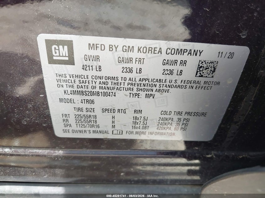 2021 Buick Encore Gx Fwd Preferred VIN: KL4MMBS20MB100474 Lot: 45281741