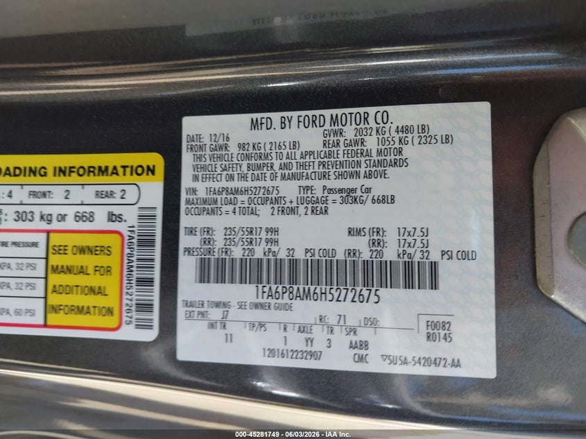 2017 Ford Mustang V6 VIN: 1FA6P8AM6H5272675 Lot: 45281749