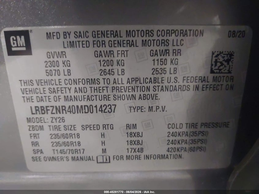 2021 Buick Envision Fwd Essence VIN: LRBFZNR40MD014237 Lot: 45281770