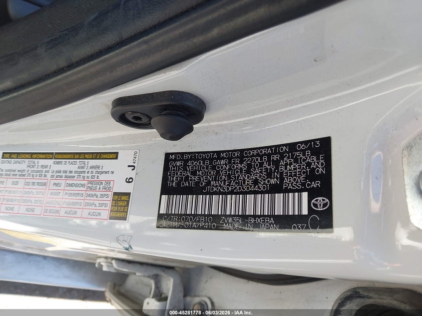 2013 Toyota Prius Plug-In VIN: JTDKN3DP2D3044301 Lot: 45281778