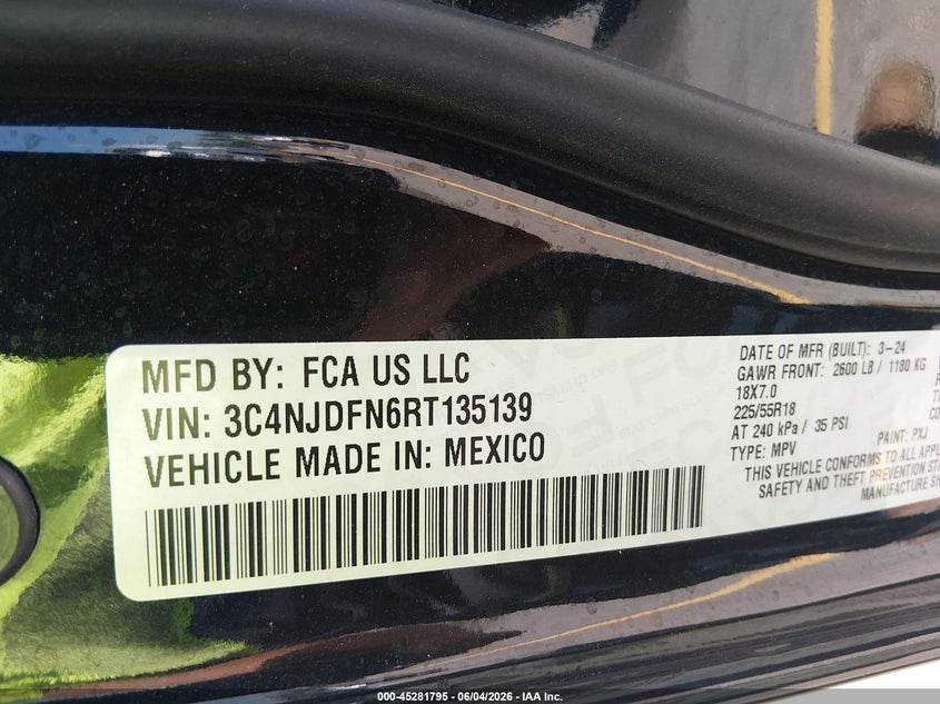 2024 Jeep Compass Latitude Lux Fwd VIN: 3C4NJDFN6RT135139 Lot: 45281795
