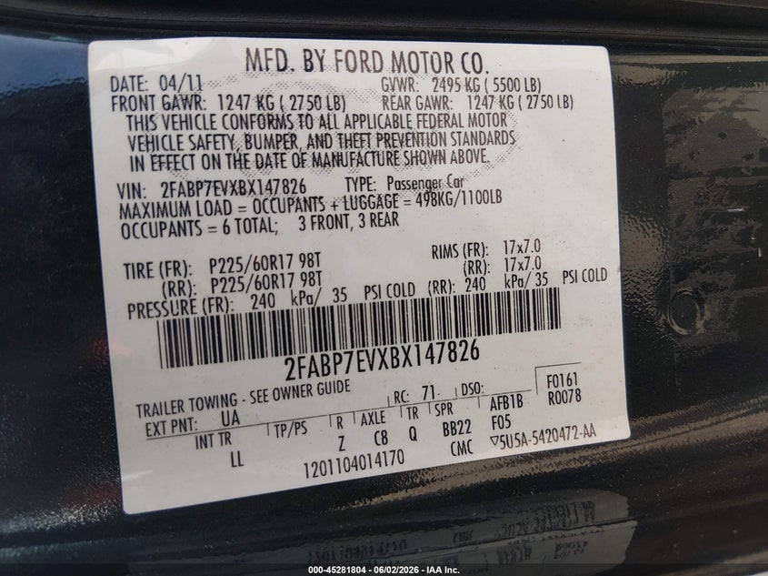 2011 Ford Crown Victoria Lx VIN: 2FABP7EVXBX147826 Lot: 45281804