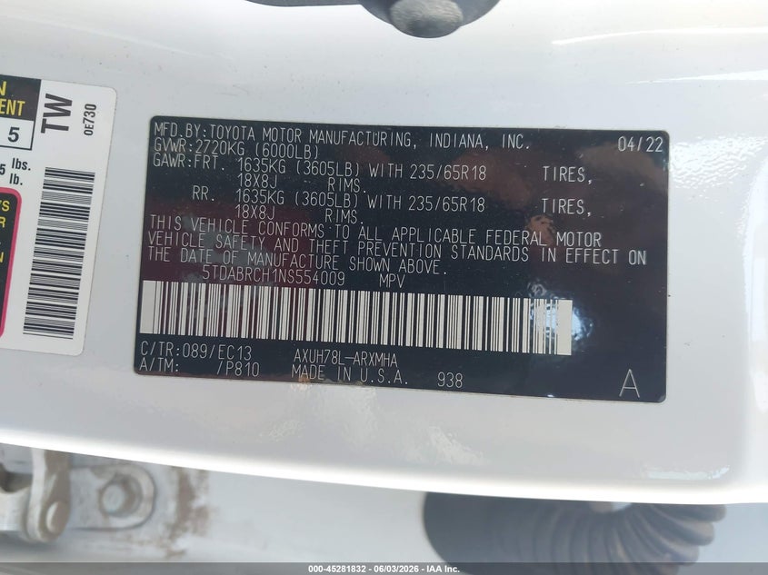 2022 Toyota Highlander Hybrid Xle Bronze Edition VIN: 5TDABRCH1NS554009 Lot: 45281832