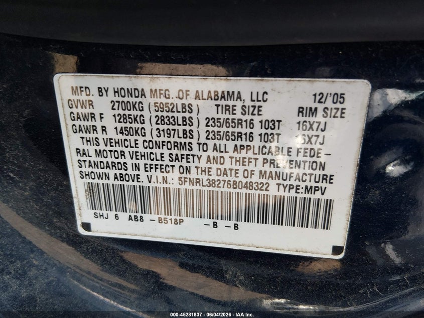 2006 Honda Odyssey Lx VIN: 5FNRL38276B048322 Lot: 45281837