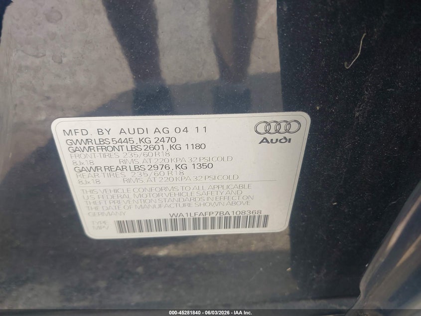 2011 Audi Q5 2.0T Premium VIN: WA1LFAFP7BA108368 Lot: 45281840