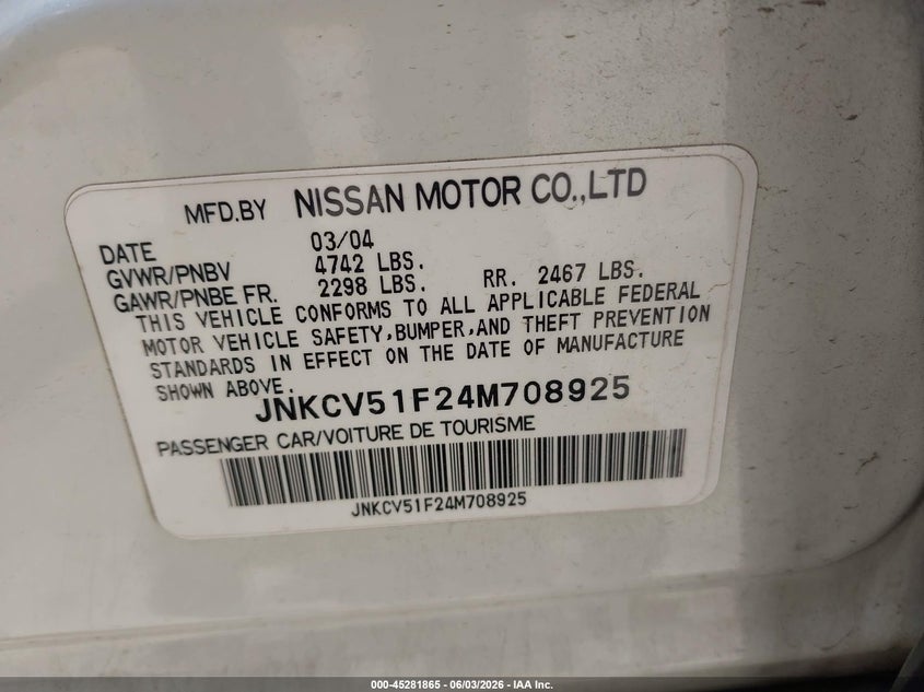2004 Infiniti G35X VIN: JNKCV51F24M708925 Lot: 45281865