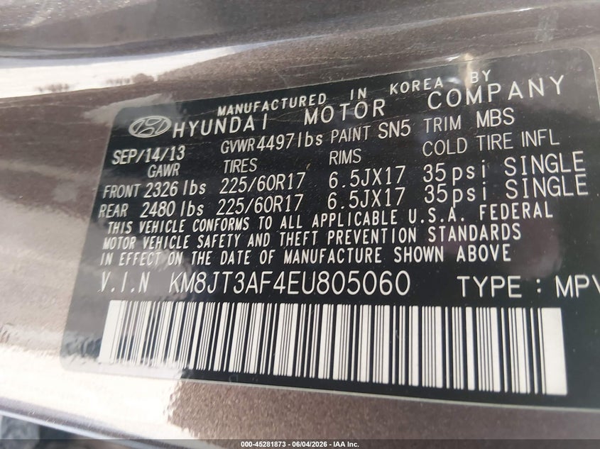 2014 Hyundai Tucson Gls VIN: KM8JT3AF4EU805060 Lot: 45281873