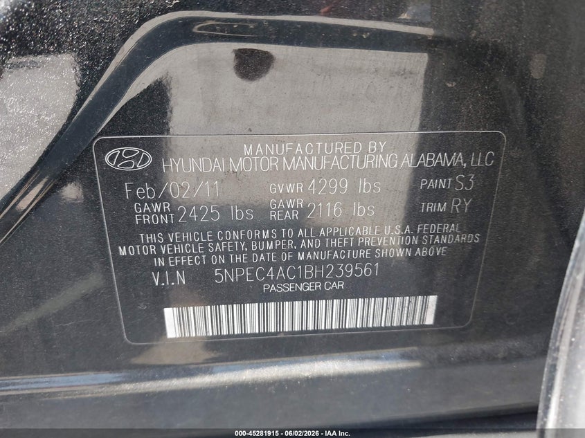 2011 Hyundai Sonata 2.4 Se black Lot 111045281915 Vin 5NPEC4AC1BH239561