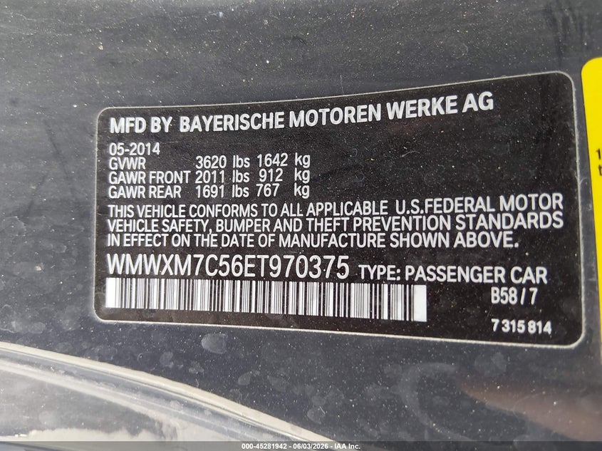 2014 Mini Hardtop Cooper S VIN: WMWXM7C56ET970375 Lot: 45281942