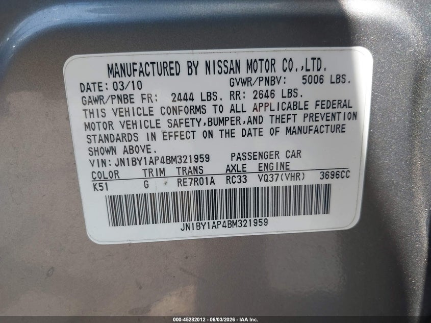 2011 Infiniti M37 VIN: JN1BY1AP4BM321959 Lot: 45282012