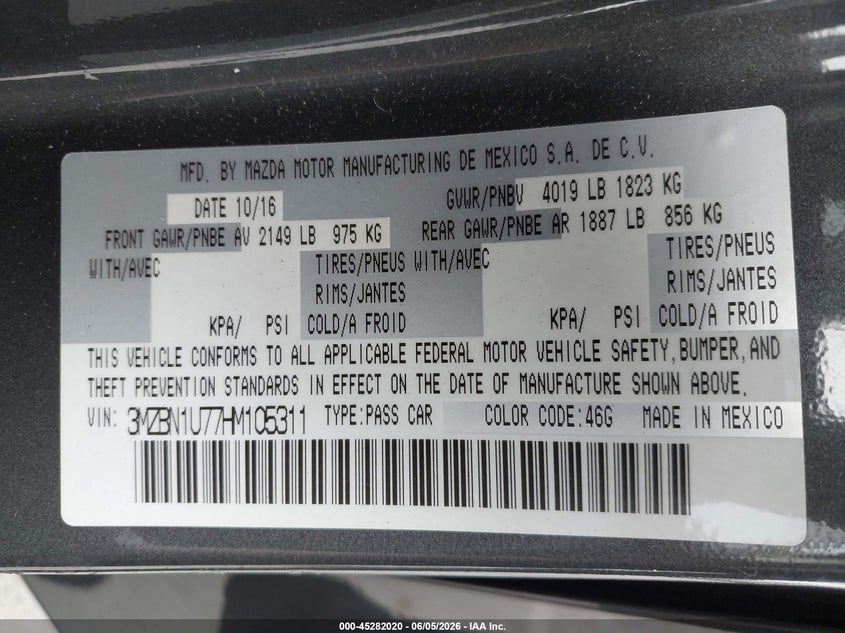 MAZDA MAZDA3 2017 VIN 3MZBN1U77HM105311