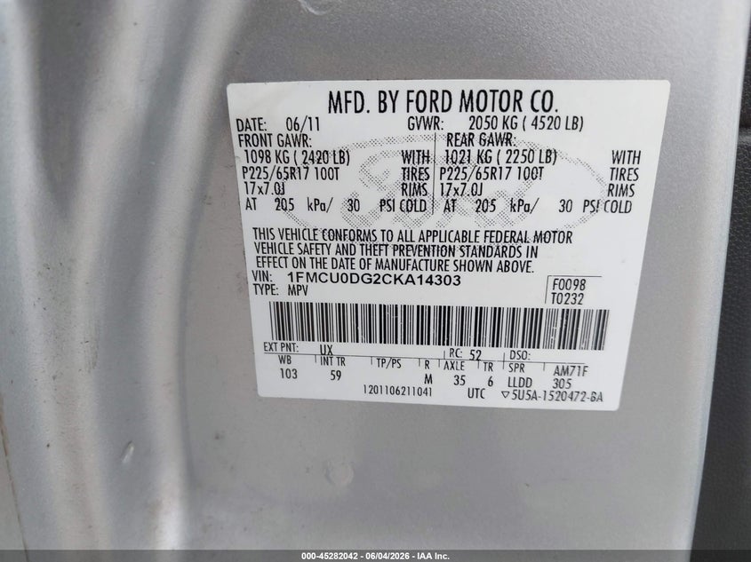 2012 Ford Escape 3.0 Xlt Silver Lot 111045282042 Vin 1FMCU0DG2CKA14303