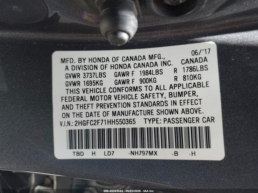 VIN 2HGFC2F71HH550365 2017 HONDA CIVIC EX