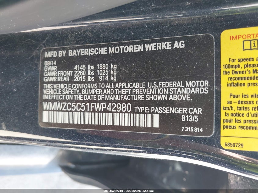 2015 Mini Countryman Cooper S VIN: WMWZC5C51FWP42980 Lot: 45282240