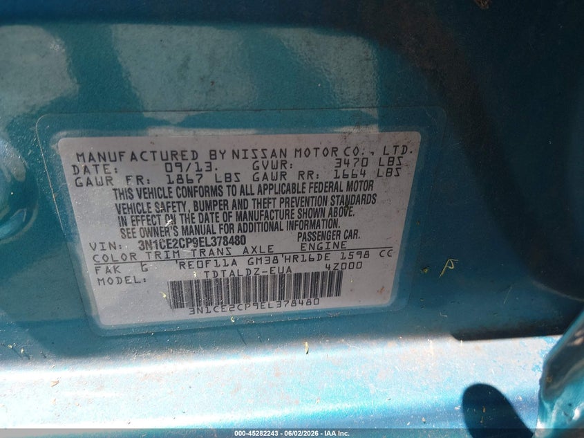 2014 Nissan Versa Note Sv VIN: 3N1CE2CP9EL378480 Lot: 45282243