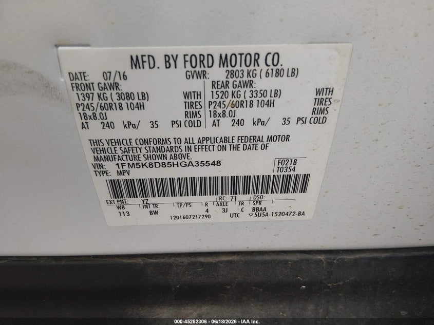 2017 Ford Explorer Xlt VIN: 1FM5K8D85HGA35548 Lot: 45282306