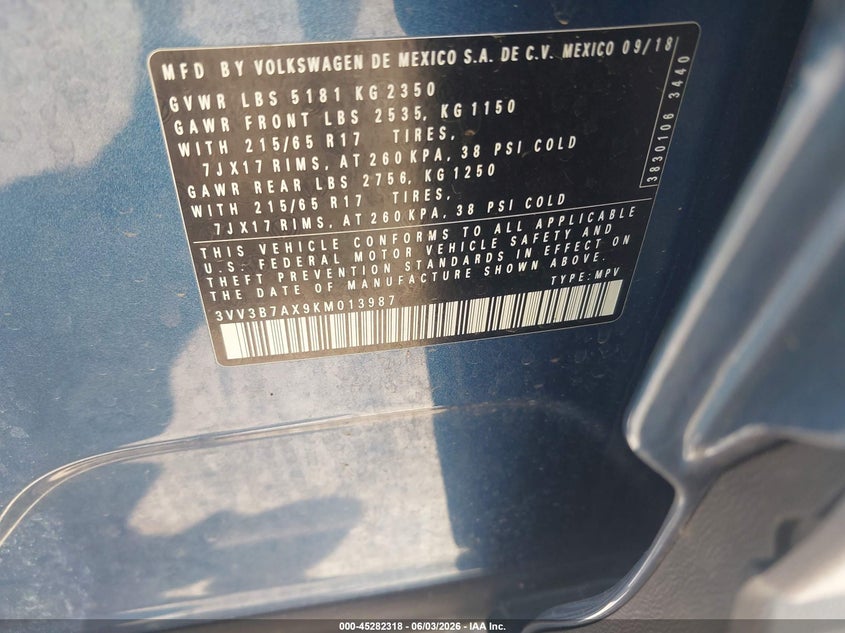 2019 Volkswagen Tiguan 2.0T Se/2.0T Sel/2.0T Sel R-Line/2.0T Sel R-Line Black VIN: 3VV3B7AX9KM013987 Lot: 45282318