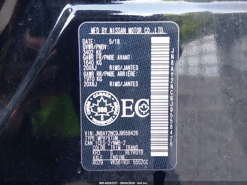 2018 Nissan Armada Platinum/Sl/Sv VIN: JN8AY2NC9J9558426 Lot: 45282327