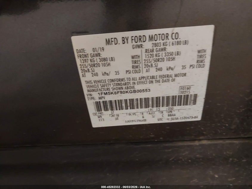 FORD EXPLORER 2019 VIN 1FM5K8F80KGB00553