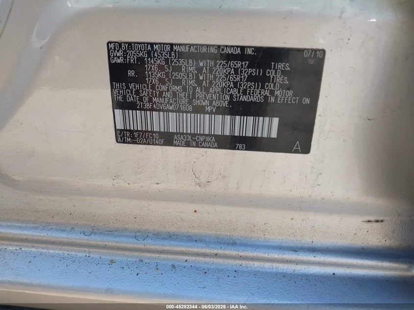 2010 Toyota Rav4 VIN: 2T3BF4DV6AW071608 Lot: 45282344