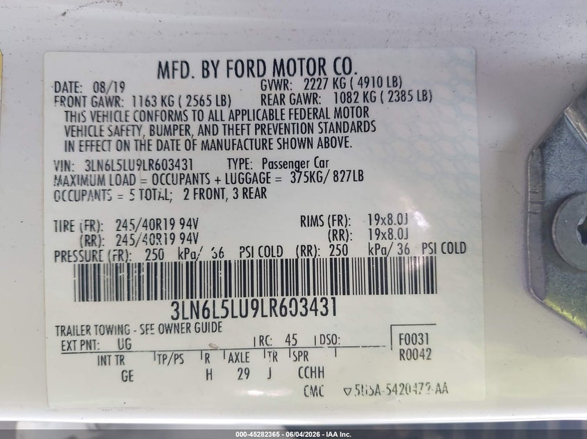 2020 Lincoln Mkz Hybrid Reserve VIN: 3LN6L5LU9LR603431 Lot: 45282365