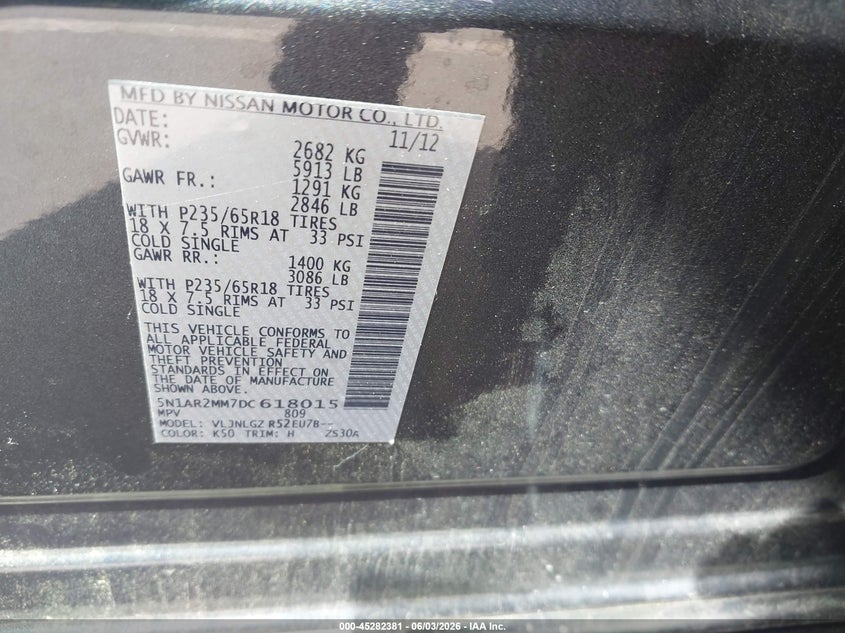 2013 Nissan Pathfinder Sl VIN: 5N1AR2MM7DC618015 Lot: 45282381