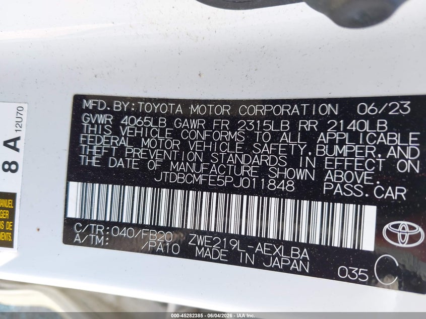 2023 Toyota Corolla Hybrid Le VIN: JTDBCMFE5PJ011848 Lot: 45282385