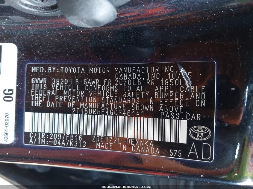 2016 Toyota Corolla Le VIN: 2T1BURHE4GC546141 Lot: 45282440