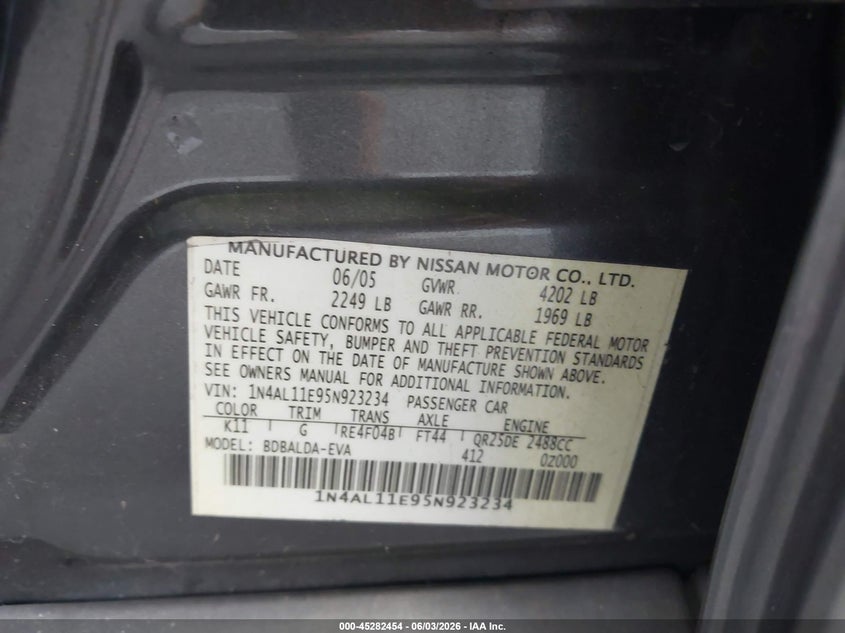 2005 Nissan Altima 2.5 S VIN: 1N4AL11E95N923234 Lot: 45282454