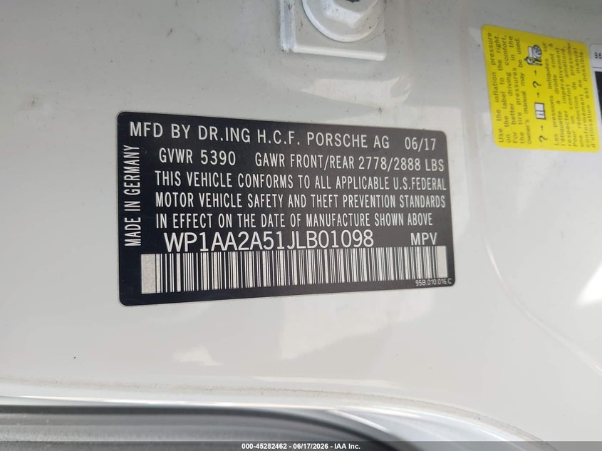 2018 Porsche Macan VIN: WP1AA2A51JLB01098 Lot: 45282462
