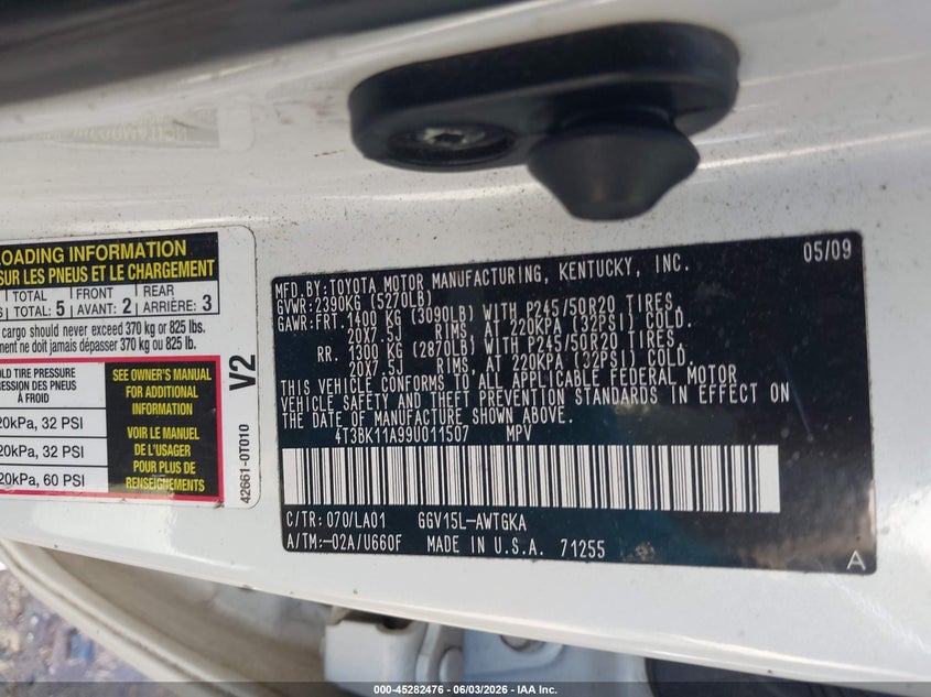 2009 Toyota Venza Base V6 VIN: 4T3BK11A99U011507 Lot: 45282476