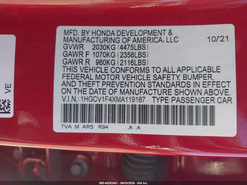 2021 Honda Accord Sport Special Edition VIN: 1HGCV1F4XMA119187 Lot: 45282481